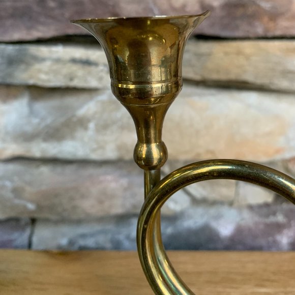 VTG 2 Brass French Horn Christmas Candle Holders Holiday Boho Decor India - Picture 5 of 9